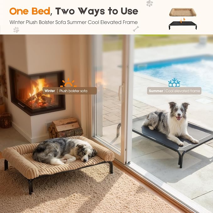 Elevated Dog Bed with Removable Fluffy Pillow Cushion, Raised Pet Cot Washable Bolster, Dog Couch Sofa, Anti Slip Feet, Breathable Mesh, Khaki, 49"×36"