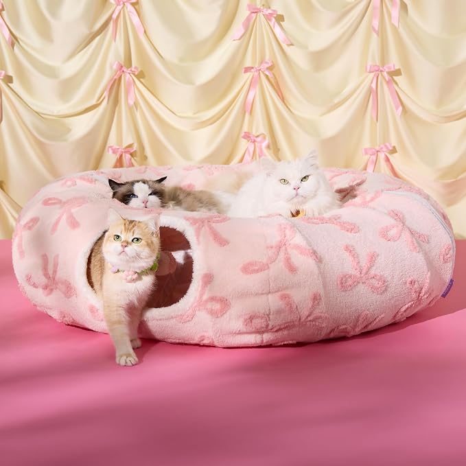 Lesure Donut Cute Jacquard Large Cat Tunnel Bed Kitten Toys for Dog Bunny | 39.5x39.5x10in,Round Large Cat Bed Tube for Multi Kittens,Pet Peekaboo Cave Toy,Spiral Hideaway,Washable Cushion,Pink Taffy