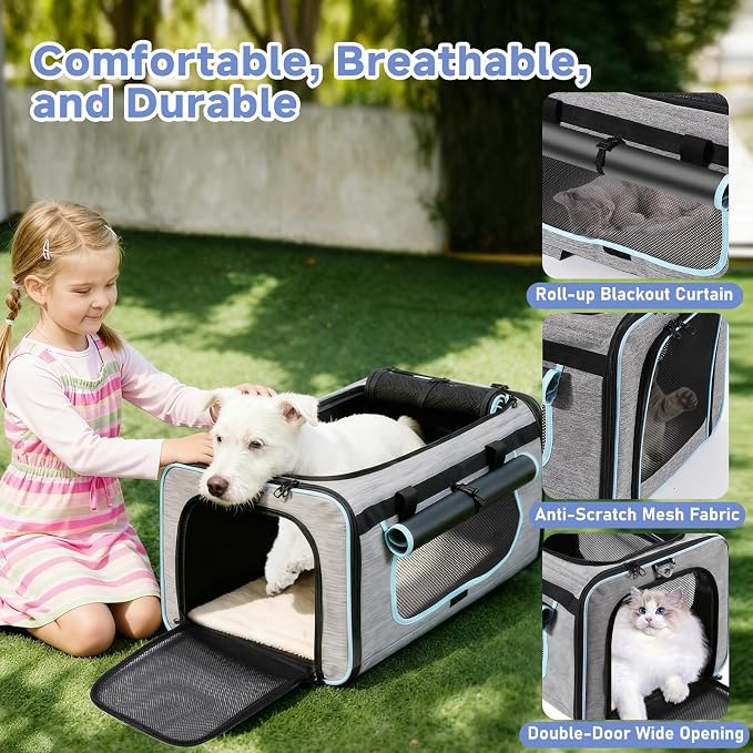 Large Pet Carrier with Detachable Wheels, 2 IN1 Foldable Soft-Sided Carriers- Designed for Dogs & Cats, Telescopic Handle, for Outdoor Car Indoor, Max. 44 LBS(Not for Airline)