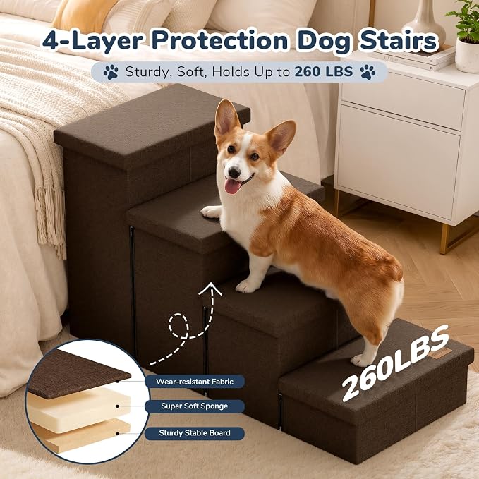 4-Step Wide Dog Stairs with Storage 23" H, Non-Slip Sturdy Pet Steps for High Bed Couch Window, Pet Stairs for Small/Medium/Large Old Dogs Cats Up to 220lbs, Cat Dog Steps for Car/SUV, Coffee