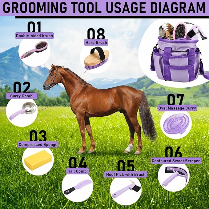 Cunhill 9 Pcs Horse Grooming Kit Tack Room Supplies Set with Tote Bag, Oval Massage Curry, Hard and Soft Brush, Hoof Pick, Sweat Scraper, Bathing Sponge, Comb for Horse Rider(Classic,Purple)