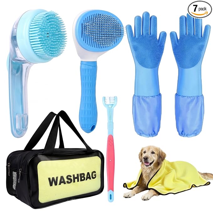 7 Pcs Dog Washing Kit: Shampoo Brush, Hair Brush, Washing Gloves, Dog Towel | Dog Brush for Shedding, Toothbrush, Large Towel, and Dry-wet Separation Bag, Dog Bath Grooming Kit, Dog Bath Supplies
