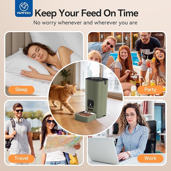 PAPIFEED Automatic Cat Feeder Upgrade, WiFi Pet Feeder with APP Control for Remote Feeding, Detachable for Easy Clean, Dual Power Supply,1-10 Meals Per Day for Multiple Pets (Greener)