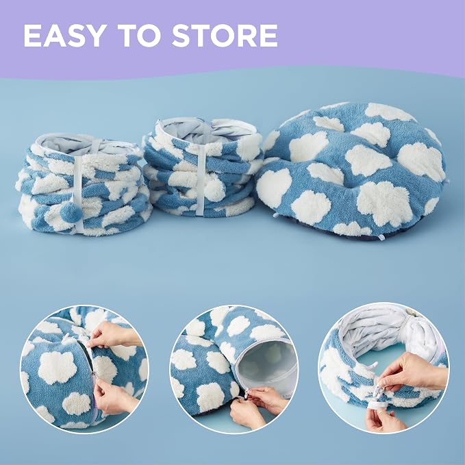 Lesure Donut Cute Jacquard Large Cat Tunnel Bed Kitten Toys for Dog Bunny | 39.5x39.5x10in,Round Large Cat Bed Tube for Multi Kittens,Pet Peekaboo Cave Toy,Spiral Hideaway,Washable Cushion,Blue