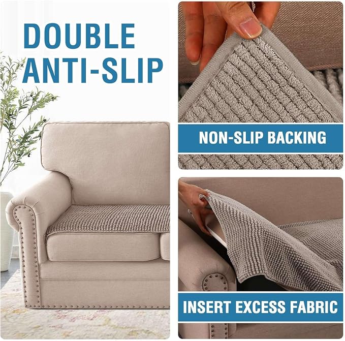 H.VERSAILTEX Plush Chenille Couch Cover for 3 Cushion Couch Anti Slip Washable Sofa Slipcovers Soft and Durable Furniture Protector for Dogs Cats Kids (27.5" x 71", Taupe)