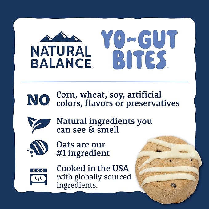 Natural Balance Yo-Gut Bites Crunchy Dog Treats with Real Oats & Blueberries, Greek Yogurt Drizzle, Probiotics for Digestive Support, 4.5oz Bag