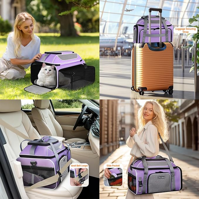 Top and Side Expandable Pet Carrier Airline Approved, Purple | 19"L x 13"W x 9"H, for Southwest Allegiant Airlines, Lockable Safety Zippers and Anti-Scratch Mesh, Pets Under 12 lbs