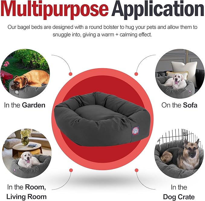 Majestic Pet Bagel Calming Dog Bed, 32 Inch Medium, Round, Washable, Gray | Cozy Soft Fluffy Donut Pet Bed with Spine Support for Head Rest – Anti-Anxiety Comfort for Puppies & Dogs, 32x23x7 Inches