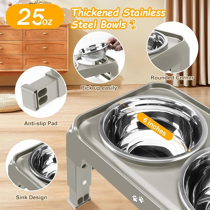 Elevated Dog Bowls for Small Dogs 3 Height Adjustable Raised Dog Bowl Stand with 25oz Stainless Steel Food Bowls Anti-Slip Small Dogs Feeder Adjusts to 7.5", 6", 2.75", Light Brownish Gray