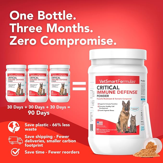 Critical Immune Defense for Dogs & Cats; Supports Normal Cell Growth - Turkey Tail, Reishi, Shiitake and Maitake Mushroom Formula with Patented White Turmeric Root Extract (Large / 90 Day Avg. Supply)