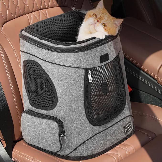Petsfit Dog and Cat Backpack Carrier, Padded Waist Support, Up to 18 lb | 13.5 x 12.5 x 17.5 in; reinforced frame, 600D Oxford, 4 mesh panels, lockable zippers, safety tether and washable mat.