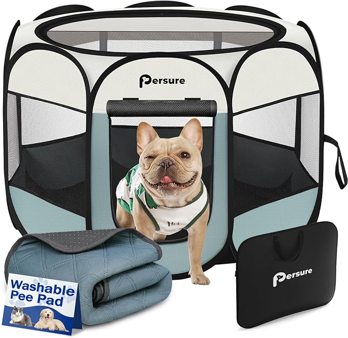 Persure Dog Cat Pet Playpen Puppy Crate Cage for Indoor Outdoor Travel | Nursing Rest Zone Recovering Pet Quarantine Room Portable Pop Up Easy to Set up lightweight (Grey with Pad, Medium)