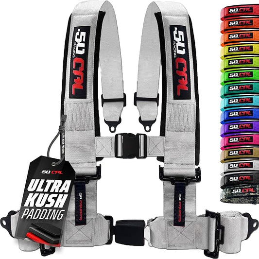 1pc 50 Cal Silver 4 Point Harness 3in Straps, Racing Harness Seat Belt | Ultra Kush padding, Push Button quick release hardware. Universal Fit for UTV, RZR, race car.