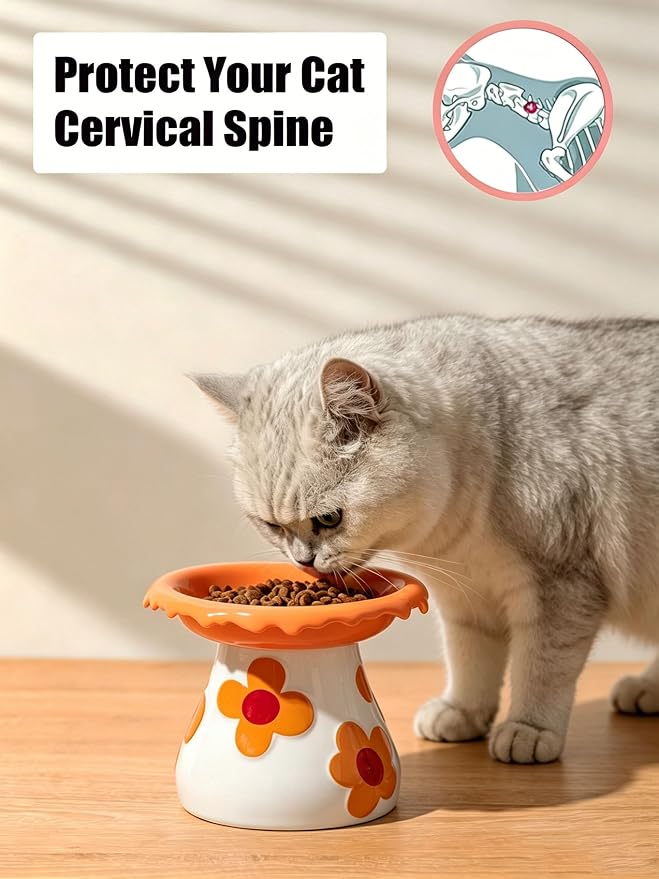 Mushroom Elevated Cat Bowls Ceramic, Cute Cat Bowls Whisker Fatigue | Raised Cat Bowl for Indoor Cats, Raised Dog Bowls Stand for Food and Water, Orange 5.8" Wide for Adult Cats