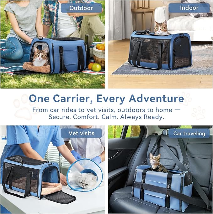 PETSFIT Cat Carrier Soft with Patented Safety Buckles, Safe for Car Travel | Lockable Zippers, Safety Tether, Escape-Resistant Pet Carrier for Vet Visits, Airline Approved Under-Seat, Up to 12 lbs