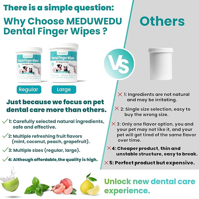 MEDUWEDU Dental Care Finger Wipes 60 Counts,Teeth Cleaning Finger Wipes for Dogs & Cats,Reduces Plaque & Supports Oral Freshness, Unscented