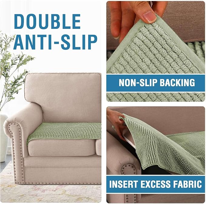 H.VERSAILTEX Plush Chenille Couch Cover for 3 Cushion Couch Anti Slip Washable Sofa Slipcovers Soft and Durable Furniture Protector for Dogs Cats Kids (27.5" x 71", Sage)