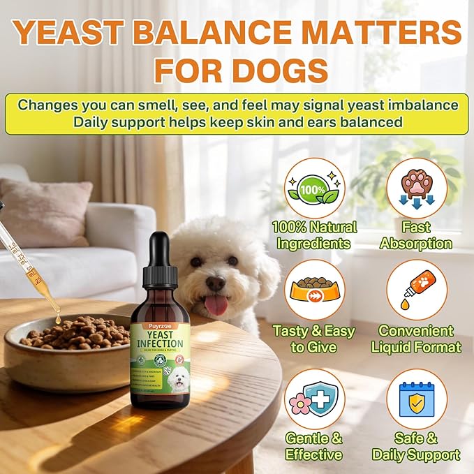 puyrzoe Natural Yeast Infection Treatment for Dogs, Itchy Ears, Skin, Paws & Allergy Relief, Yeast Treatment for Dogs, Supports Gut & Immune Health, Reduces Itching, Irritation & Inflammation, 60ml