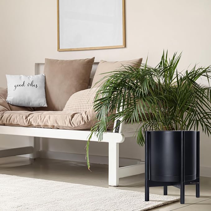 D'vine Dev Plastic Pot with Ebony Wood Stand, Black, 14 in, 55-C-T-2 | Mid-Century Inspired Design, Elevated Plant Display, Clean Lines, Sturdy Support, Modern Space-Saving Style