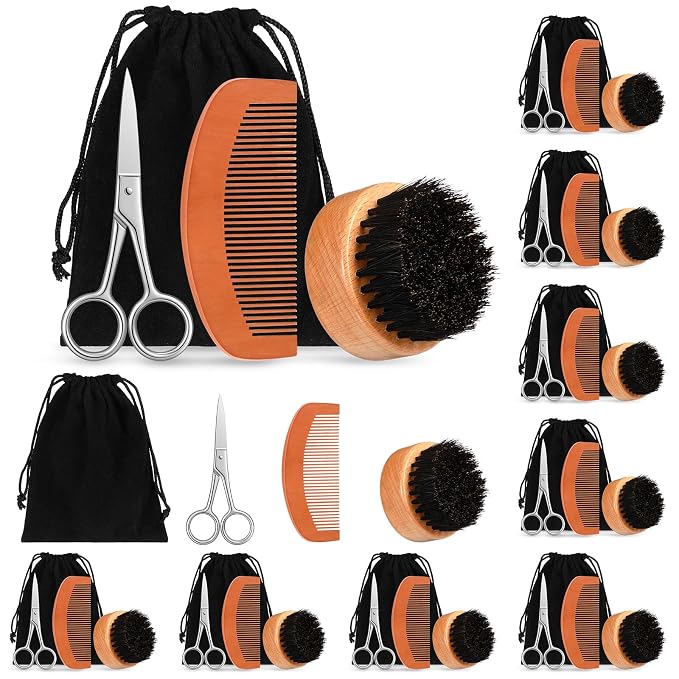 Maitys 10 Set Appreciation Gifts Bulk Beard Brush Comb Scissors,Round | Boar Bristle Beard Brush, for Men Father Colleague Employee