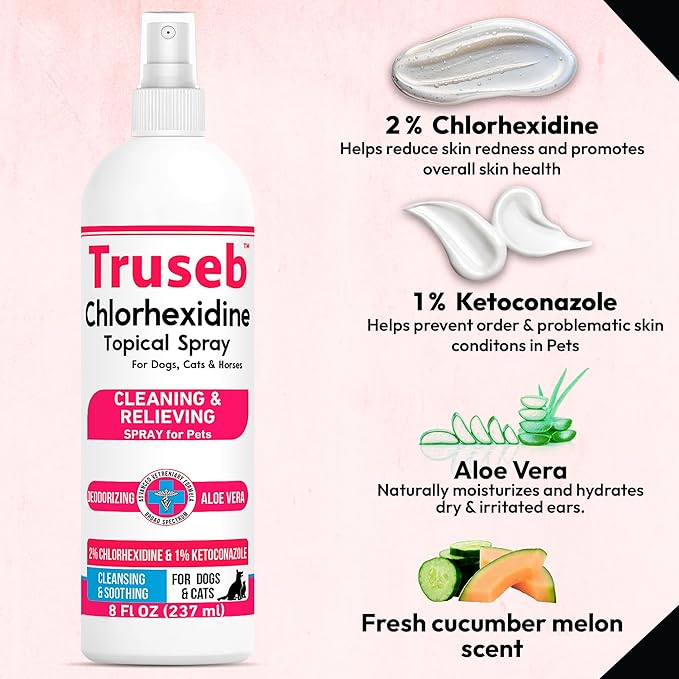 Pet Health Pharma Truseb Topical Ketoconazole and Chlorhexidine Spray for Dogs, Cats, and Horses with Essential Fatty Acids, Aloe and Vitamin E- 16 oz (Ketoconazole & Chlorhexidine Spray, 16 oz)