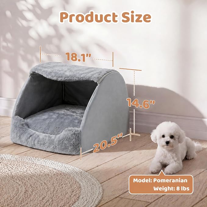LATIBELL Indoor Puppy House Foldable Pet Tent Cave Bed ，Gray | Foldable Indoor Dog House With Removable Washable Soft Cushion, Covered Cave For Small Puppy