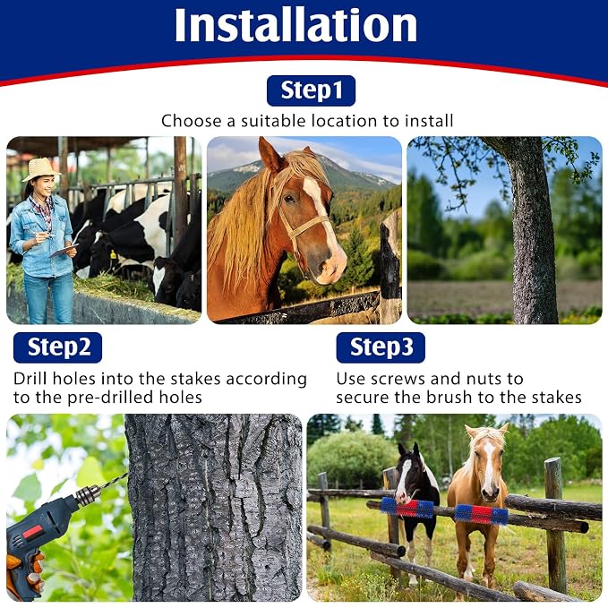 3 Pack Livestock Scratching Brush, Blue and Red | Animal Scratcher, Itch Relief Grooming, Horse Goat Cow Scratcher, Fence Post Mounting, Durable Bristles, Farm Livestock Care