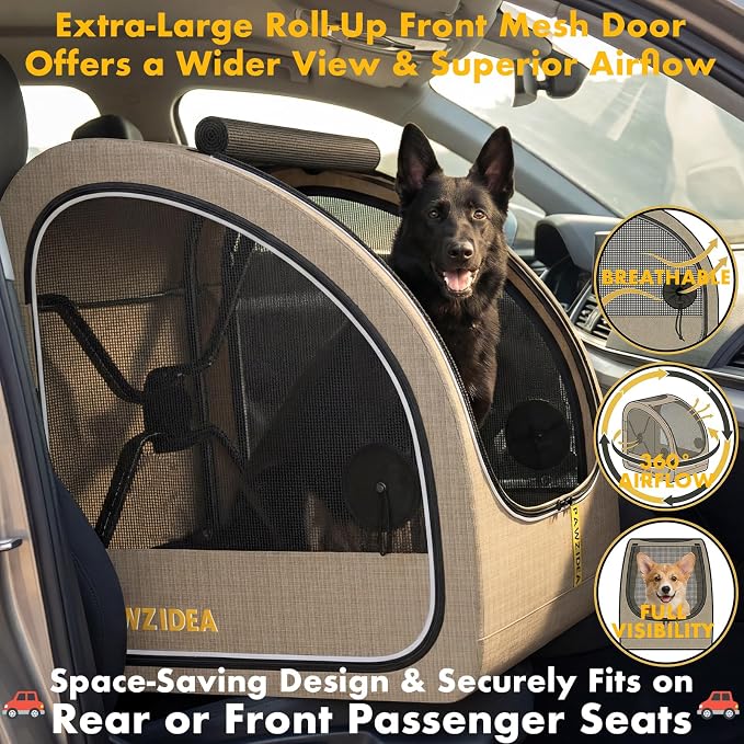 PAWZIDEA Portable Dog Crate for Car Travel, Medium & Large Dogs Up to 80lbs | Enclosed Soft-Sided Dog Car Kennel for Backseat, Secures w/ Seatbelt & Headrest Strap, Collapsible Car Carrier, Chew-Proof