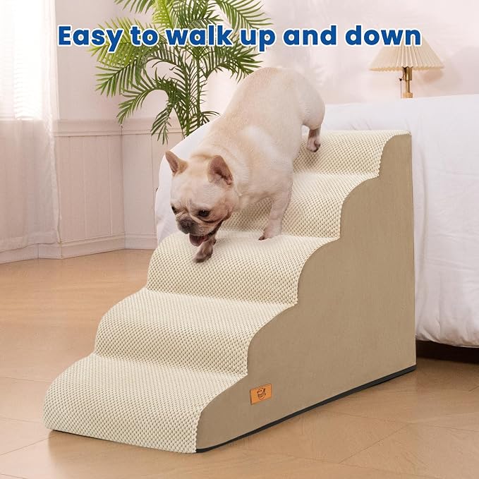 5 Step Dog Stairs for High Bed,Non-Slip Pet Ramp for Small Dogs and Cats | High-Density Foam Support with a Stable 5-Step Design for Easy, Comfortable Access to High Beds with Washable Cover,Khaki