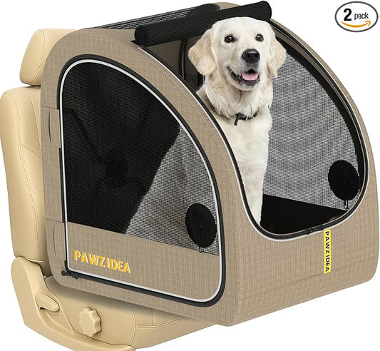 PAWZIDEA Portable Dog Crate for Car Travel, Medium & Large Dogs Up to 80lbs | Enclosed Soft-Sided Dog Car Kennel for Backseat, Secures w/ Seatbelt & Headrest Strap, Collapsible Car Carrier, Chew-Proof