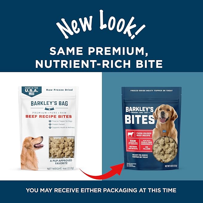 Barkley’s Bag Beef Bites, Freeze Dried Dog Treats & Food Topper, Made w/Beef, Barley, and Quinoa, Small Bite-Sized Pieces for Training Rewards, for All Dog Breeds, Ages & Sizes, 4 Oz Bag (1 Pack)