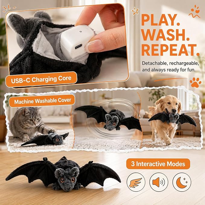 Interactive Flying Bat Dog Toy, Flapping Wings Cute Bat for Indoor Cats & Dogs, Automatic Flapping Wings with Chirping Sounds, Touch Activated, Rechargeable for Solo Play，Manual Switch