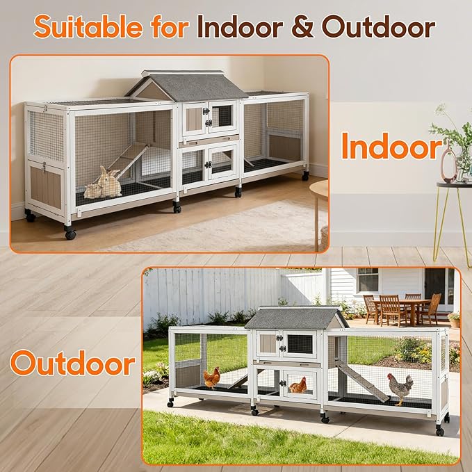 93" L Large Bunny Hutch Outdoor Indoor, with 2 Chew-Resistant Ramp, 4 Leak-Proof Removale Trays, 2-Story Wooden Waterproof Roof Bunny House Outdoor
