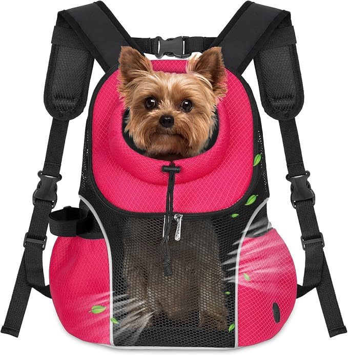 WOYYHO Pet Dog Carrier Backpack, Ventilated Mesh Small Dog Front Backpack | Breathable Puppy Back Pack, with Safety Belt, Storage Pockets, for Travel Hiking Cycling Outdoor Adventures, Rethink Pink, L