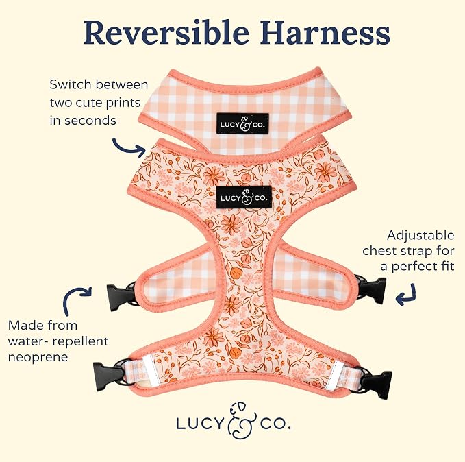 Lucy & Co. Reversible Dog Harness - Water-Repellent Neoprene, Dual-Print Design, Easy Swap Style, Adjustable Comfort Fit - Woodland Wildflowers Reversible Harness - X-Large