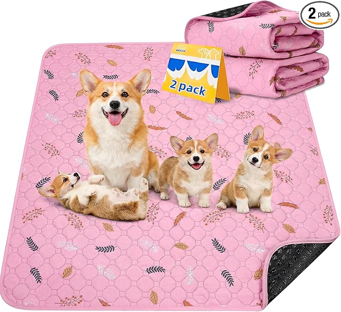 Sunheir 2-Pack Large Reusable Dog Mat for Floor, Dog Playpen, Non-Slip Waterproof Super Absorbent Washable Pee Pads for Dogs, Pet Whelping Pads, Potty Training - Pink, 36" x 72"