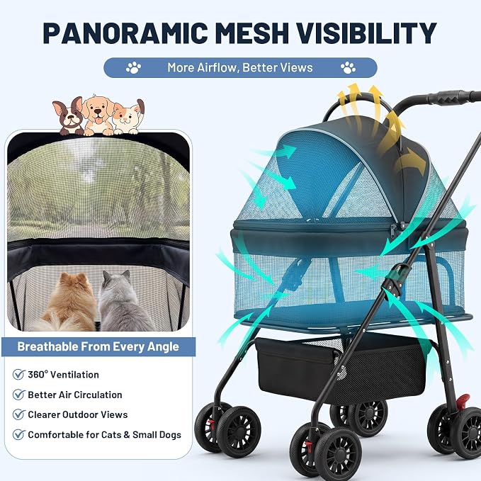 Dog Stroller for Small Dogs, Panoramic Mesh Pet Cat Stroller with Detachable Carrier, Foldable Pet Stroller up to 35 lb, with Safety Tether, Puppy Doggie Stroller for Medium Dogs 20 lbs Black