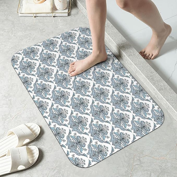 Bathroom Floor Mat, Winter Diatomaceous Mat, Damask Classical Flowers Old Fashioned Foliage, 23.6" W x 15.7" L, for Home, Office, Sink,Grey Pale Blue White