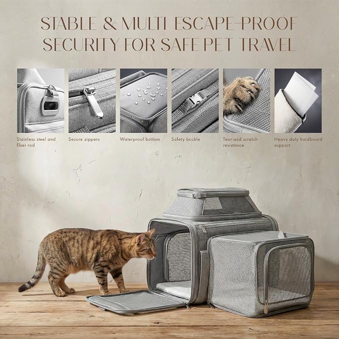 Top-Side Expandable Pet Carrier, Treat Window,18x13x9.5 Airline Approved | for Southwest Frontier,Soft-Sided Cat Carrier, Anti-Scratch Mesh, Lockable Zippers,Dog Carrier for Kitten,Rabbit,Puppy, Grey