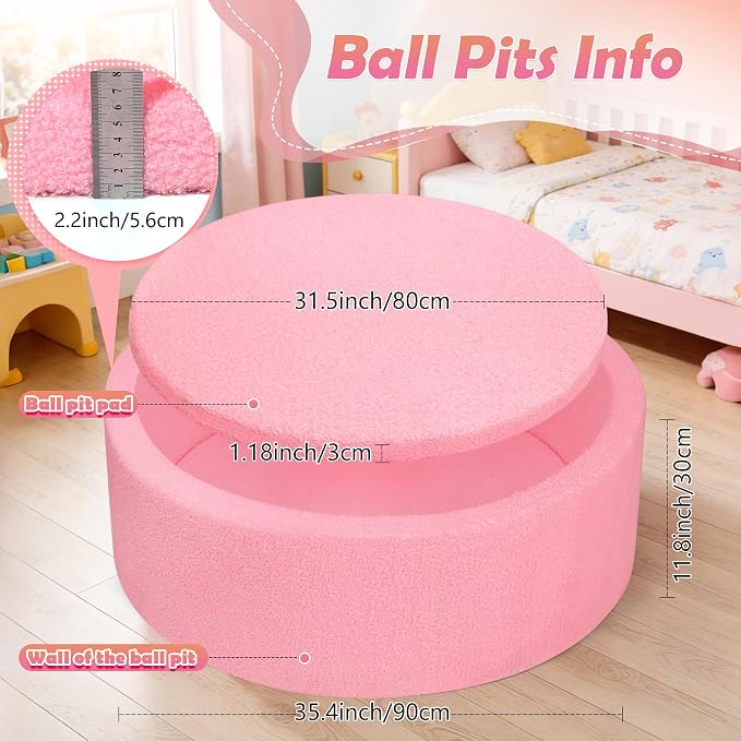 Imitation Teddy Foam Ball Pits 35.4"x 11.8" Soft Round Playpen for Toddlers and Pets with Soft Memory Sponge for Babies Indoor and Outdoor Game Pink (Balls not Included)