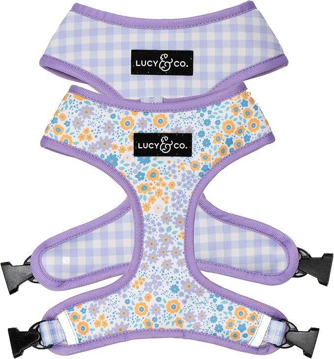Lucy & Co. Reversible Dog Harness - Water-Repellent Neoprene, Dual-Print Design, Easy Swap Style, Adjustable Comfort Fit - Among Wildflowers Reversible Harness - Large