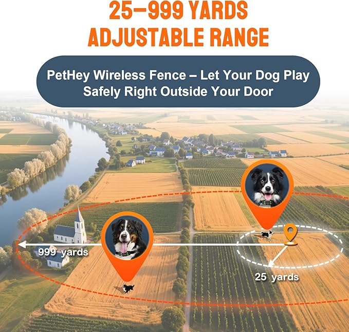 GPS Wireless Dog Fence System with AI Precision Tracking, Electric Dog Fence with Auto & Fixed Training Modes, 25-999yd Outdoor Wireless Containment, IPX7 Waterproof Rechargeable Collar