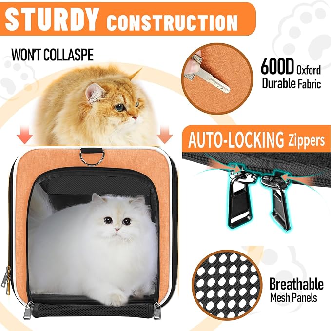 GAPZER Large Cat Carrier Soft, Collapsible Travel Pet Carry Bag, Small Dogs | Large Kitty Cat 20 lbs Maine Coon, Top Load Transport Small Puppy Dog Kennel, Yorkie Little Dog 10lbs, Sturdy Fabric Orange