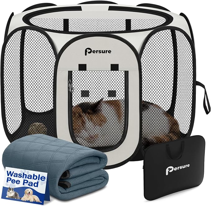 Persure Dog Cat Pet Playpen Puppy Crate Cage for Indoor Outdoor Travel | Nursing Rest Zone Recovering Pet Quarantine Room Portable Pop Up Easy to Set up lightweight Carrying Bag(White with Pad,Small