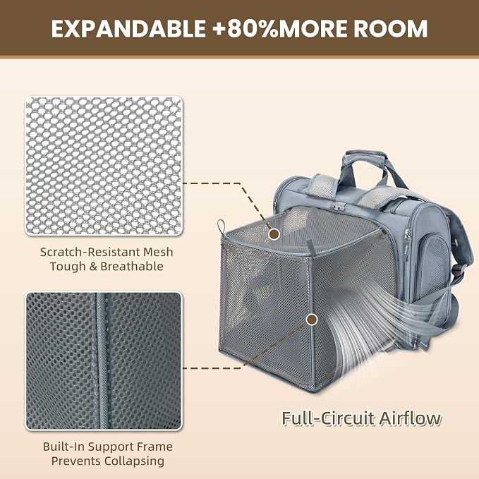 Expandable Cat Carrier Backpack for Large Cats - Airline Approved Pet Carrier Backpack for Small Dogs, Hiking & Travel, Waterproof with Breathable Mesh, 22lbs Capacity (Light Grey, Large)