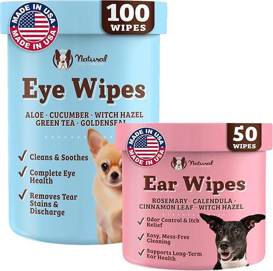 Natural Dog Company Eye & Ear Wipes Bundle for Dogs – Tear Stain Remover & Ear Cleaner Wipes with Green Tea, Goldenseal, Calendula & Aloe – Vegan, Non-Irritating Formula – 100 ct + 50 ct