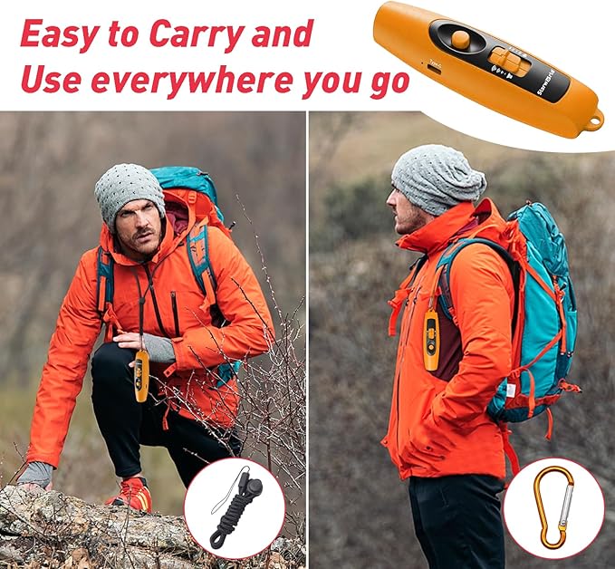 StarWorld Rechargeable Bear Horn - 120dB Electronic Air Horn for Bears with 4 Volume Levels & 3 Tones, Audible 0.5 Miles, LED Safety Light for Hiking, Camping, Wildlife Defense (Orange)