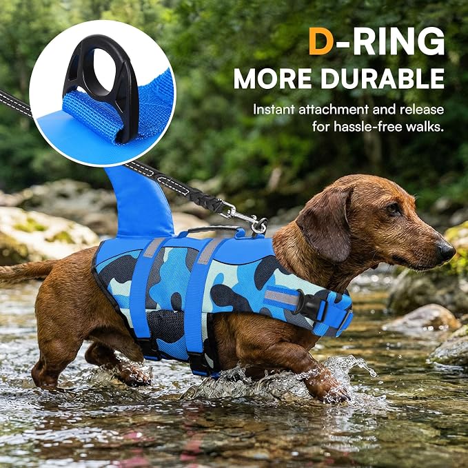 Dog Life Jacket Ripstop Dog Shark Safety Vest Adjustable Preserver with High Buoyancy and Durable Rescue Handle for Small,Medium,Large Dogs, Blue Camouflage Large