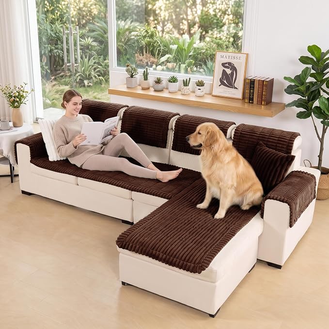 FUANGUI 2 Pack Waterproof Couch Cover for Dogs Pets Sofa Protector | Non-Slip Washable Fuzzy Soft Sofa Slipcover for 2 PCS L Shaped Sofa Pet Friendly, 27.6" x 70.9"+27.6" x 82.7", Brown