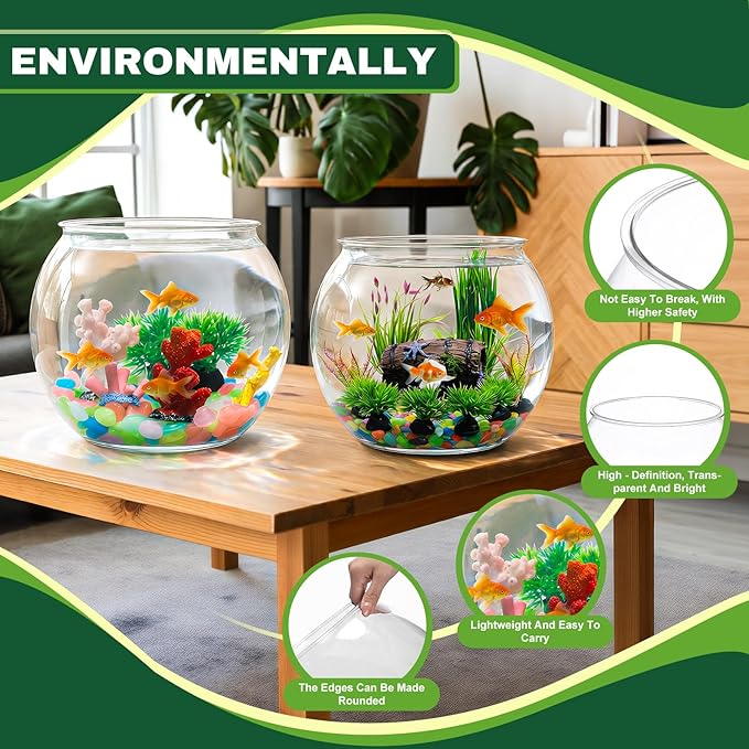 Cinnvoice 521 Pcs Plastic Fish Bowls Starter Kit, 1.5 Gallon & 0.27 Gallon Round Shatterproof Aquarium with Luminous Stones, Artificial Plants, Decor for Betta Goldfish, Small Fish Tank for Office